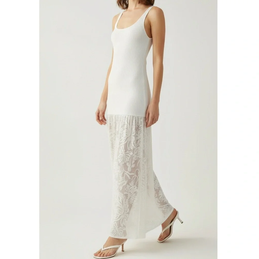 BEC & BRIDGE Rissa Ribbed Knit Dress W/ Mesh Lace Skirt, Ivory, Large - Picture 6 of 15